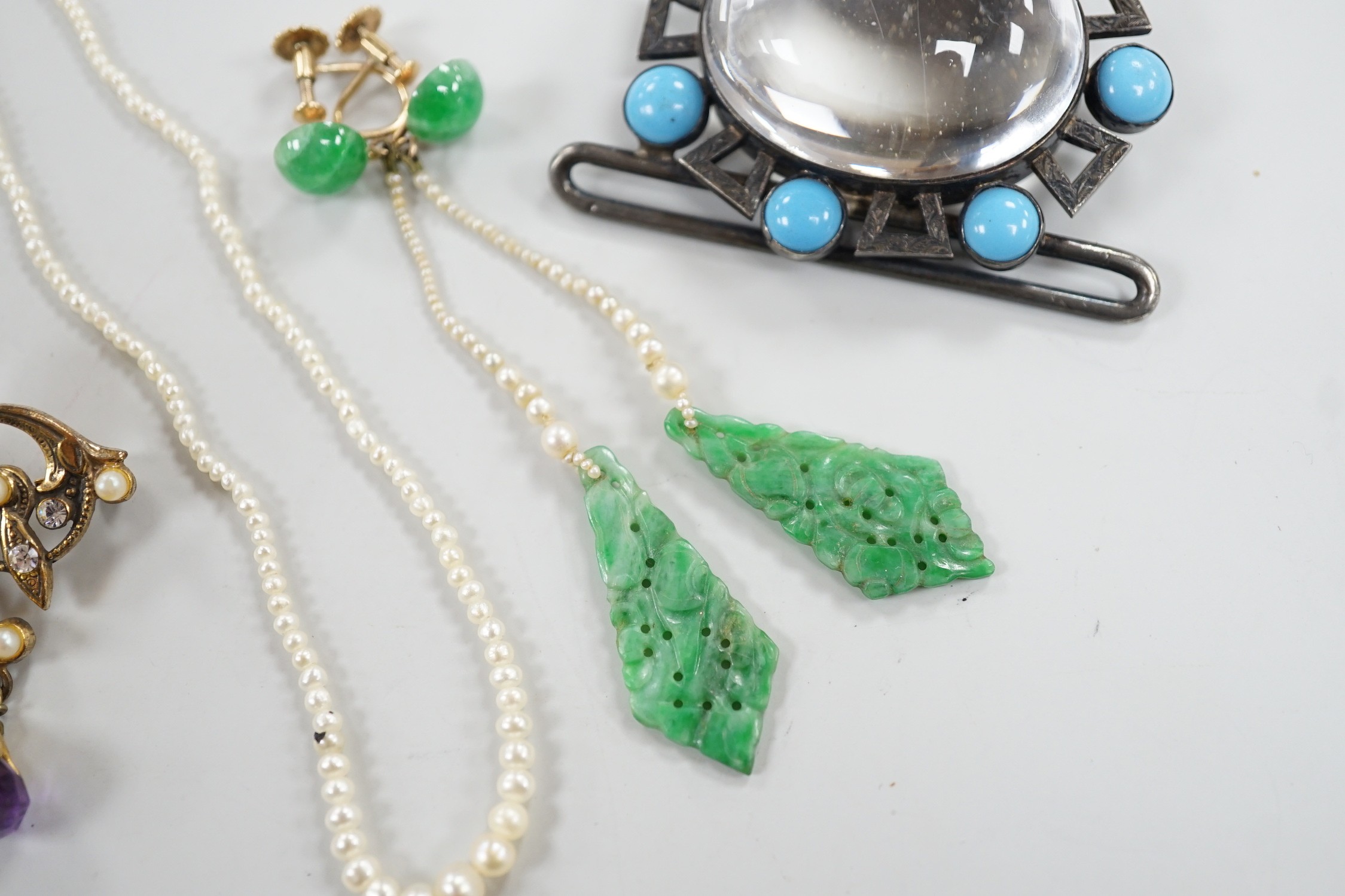 A pair of yellow metal, jade and seed pearl set drop earrings, 7cm, a seed pearl necklace with 9ct clasp, a belt section and a paste set brooch.